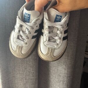 Adidas Kids White and Black Sneakers with Tan Accents